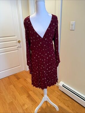 Hem & Thread Burgundy Long Sleeve V-Neck Wrap dress with hidden zipper on the si